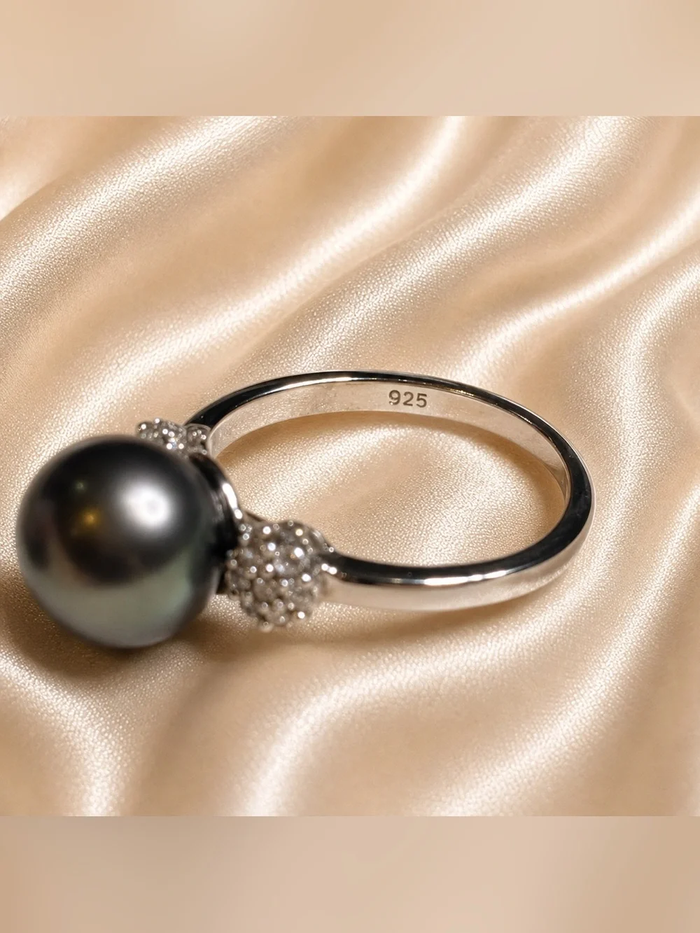STS 925 Sterling Silver Tahitian Black Cultured Pearl Genuine Diamond Ring Sz 8